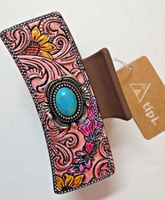 Turquoise on Silver-Tone Floral Claw Hair Clip Western Tooled Synthetic Leather