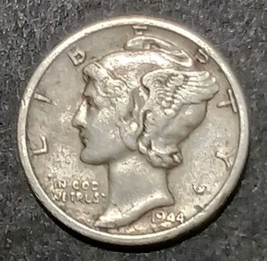 1944 S Mercury Dime War Time 90% Silver Avg Circ San Francisco Minted 