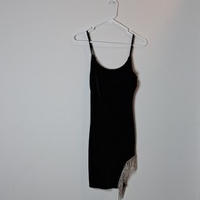 Fashion Nova Women's Black Velvet Scoop Neck Fringe Mini Bodycon Dress Size M