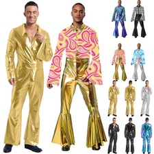 Men's Retro Hippie Costume Metallic Patchwork Long Flared Sleeve Jumpsuit Disco