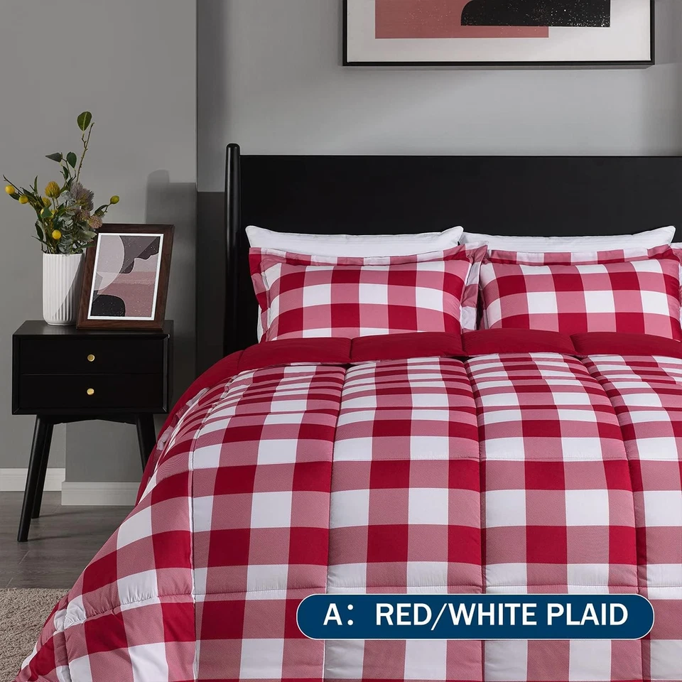 Juego de edredón a cuadros ligero (grande) - 3 piezas - rojo/blanco a cuadros Foto 2 de 4