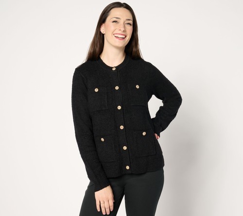 Isaac Mizrahi Live! Women's Top Sweater Sz L Estate Eyelash Yarn Black A667923