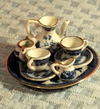 Vintage Norcros Blue Willow Miniature Tea Set for 2 Gold Trim 9 pc Doll House