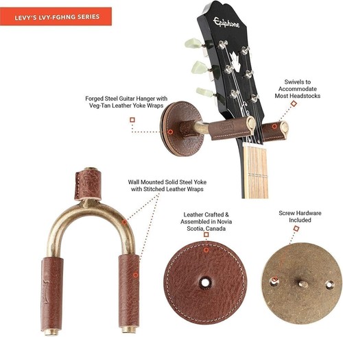 Levy's Leathers gesmede stalen gitaar hanger; messing metaal met bruin Levy's Leathers gesmede stalen gitaar hanger; messing metaal met bruin