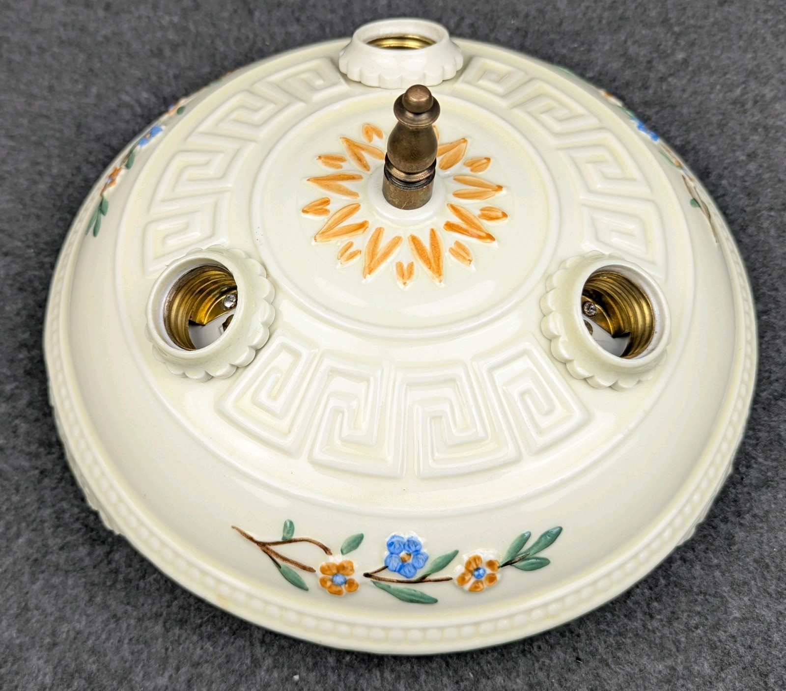 Excellent PORCELIER 3-Bulb Porcelain Ceiling Light, Greek Key, Art Deco, Rewired