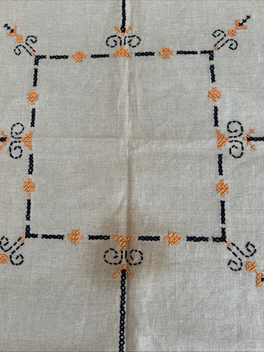 Tovaglia vintage tutta fatta a mano Nat in lino marrone cucito a croce e orlo 50x49" - Foto 14 di 14