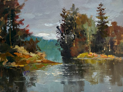 #ad Oil Painting A River The Autumn Forest Y. Suprunchuk Unframed Original nAAA4397 $295.68