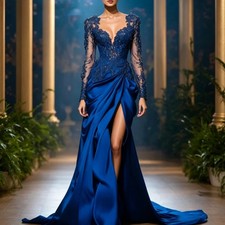Luxury Applique Long Sleeve Mermaid Evening Dresses Satin Wedding Party Gowns