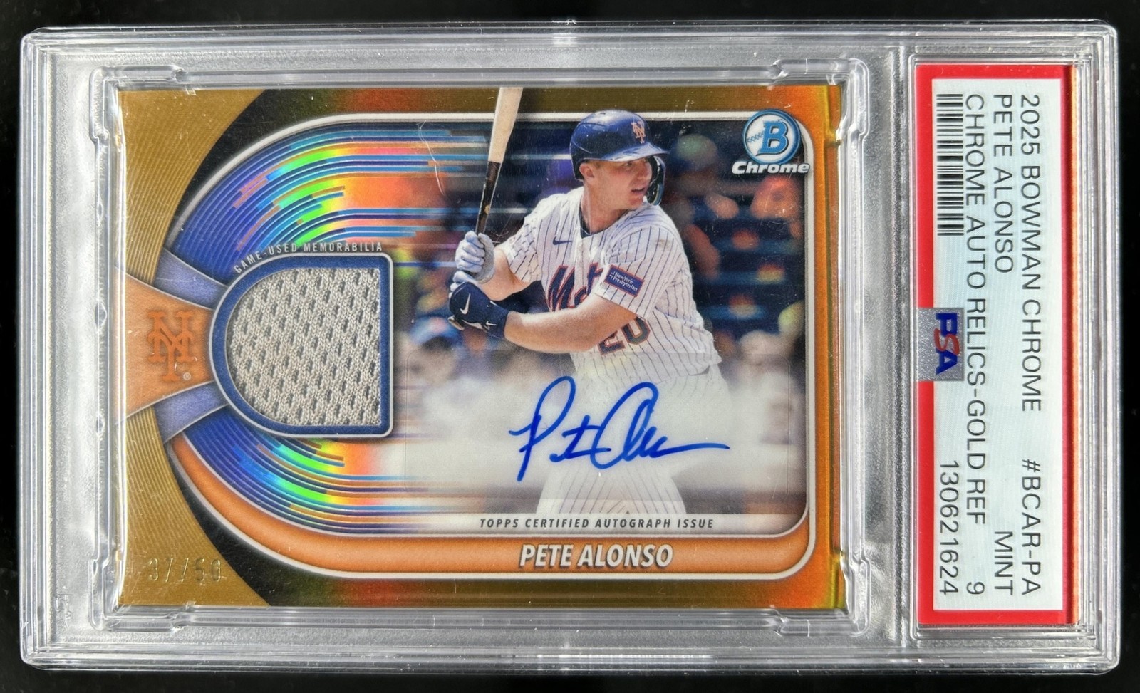 2025 Bowman Chrome Pete Alonso Jersey Auto Gold Refractor #/50 Mets PSA 9 view 1