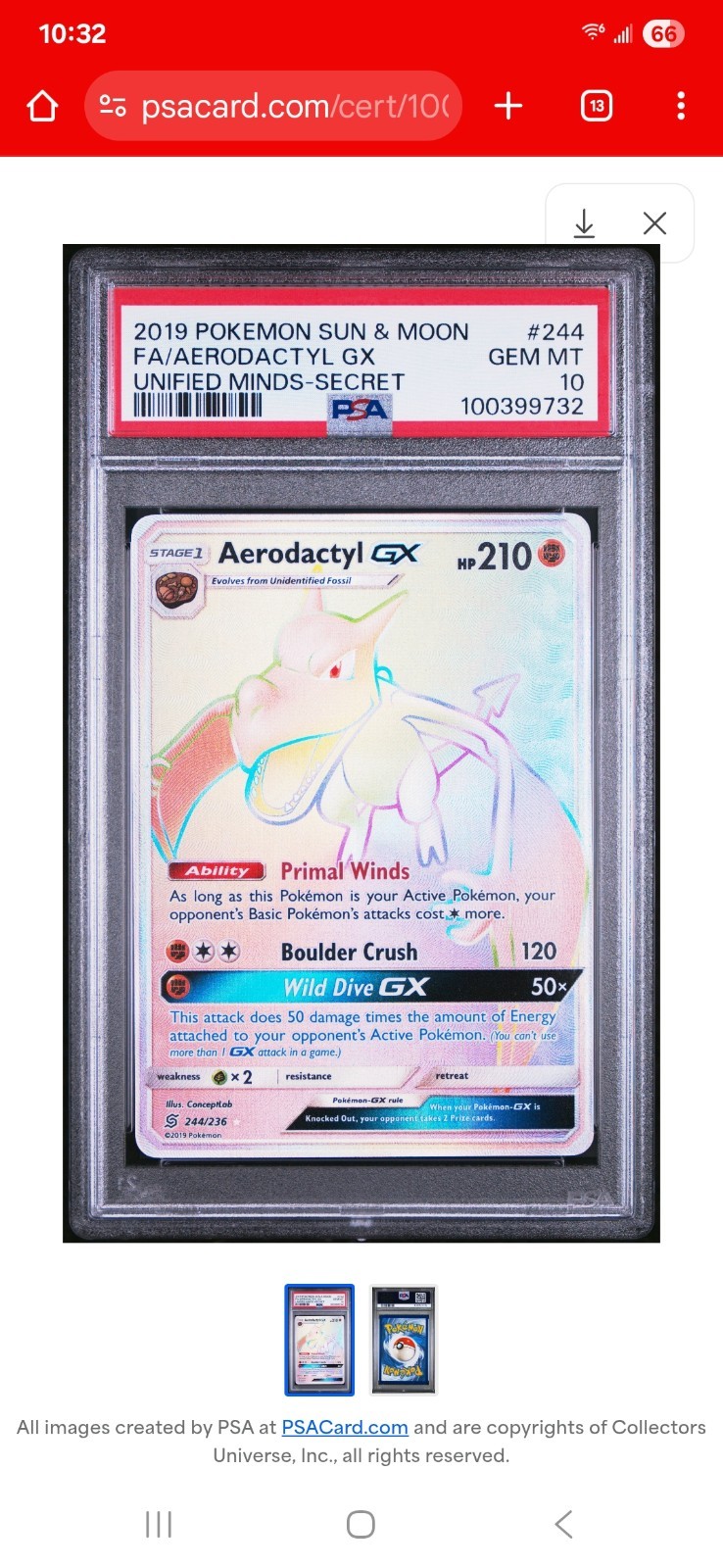 PSA 10 AERODACTYL GX 244/236 POKEMON UNIFIED MINDS 2019 S&M