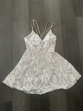 Windsor Dress Womens Large White Sequin Lace Nude Lined Skater Mini TRC1131WD