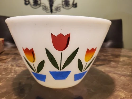 Fire-King Tulip Milk Glass Mixing Bowl Red Blue Flower Vintage Mid-Century 7.5"