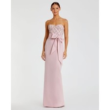 NWT Mac Duggal Pink Embellished Strapless Bustier With Bow Crepe Gown - Size 4