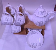 Tea & Coffee Set 13 Pieces, Porcelain Floral Design with Tray – Teapot, Silver
