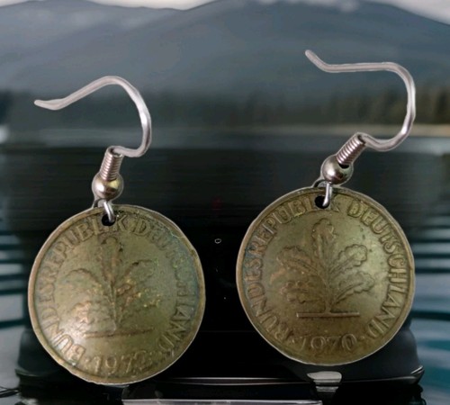 Earrings Germany Federal Republic Coin 1970  Pfennig 5 Dangle Souvenir Brass