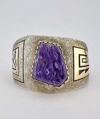 Philbert Poseyesva Hopi Sterling Silver 14k Gold Charoite Overlay Cuff Bracelet