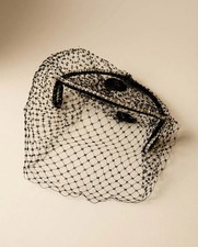 Vintage 1950s Black Veil Halo Rhinestone Trim Cocktail Hat Sculptural Cage