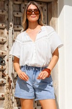 Eveta Blouse - Split Collar Delicate Lace Detailed Button Down with Short Sle...