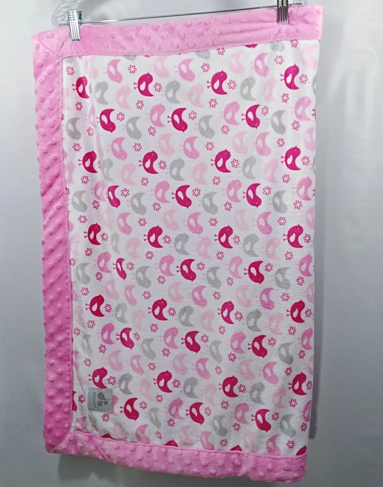 Manta bebé recién nacido rosa gris pájaros Minky flores blancas 40x31 pulgadas Foto 2 de 4