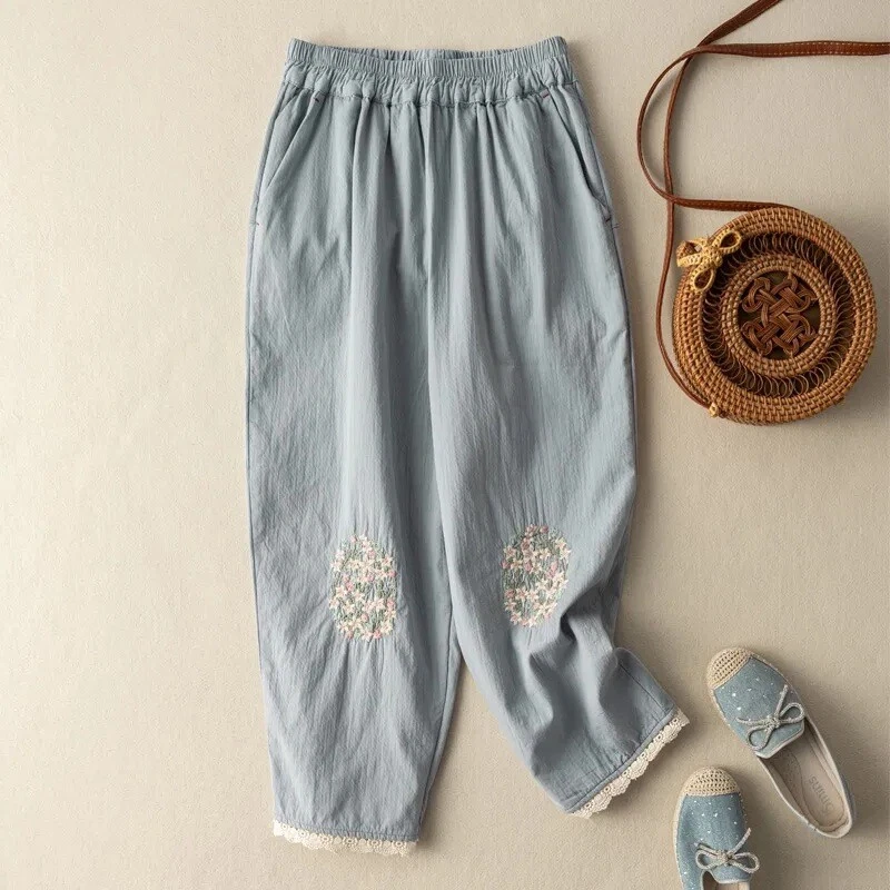 Womens Summer Pants Ethnic style retro embroidery cotton linen harem Trouser New - Image 3 of 4