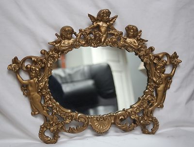 large 18 inch vintage cast vanity mirror with cherubs, beautiful