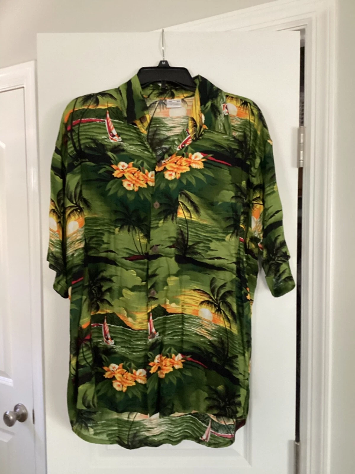 Men Sunset Hawaiian Shirt Size L Palm Trees Green Rayon