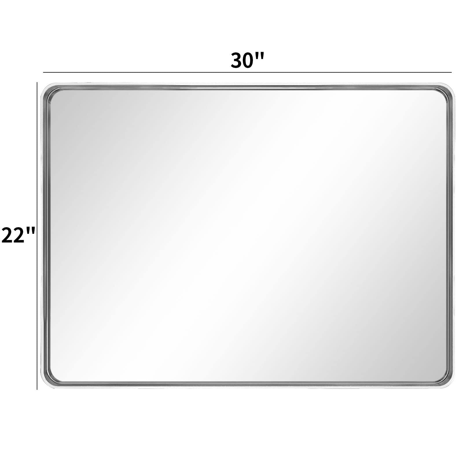 LOAAO 22X30 Inch Brushed Nickel Bathroom Mirror, Rounded Rectangle Silver Met...