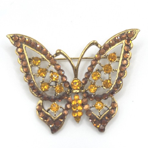 Vintage Butterfly Brooch Antiqued Gold Tone Amber Brown Rhinestone Insect Pin - Image 1
