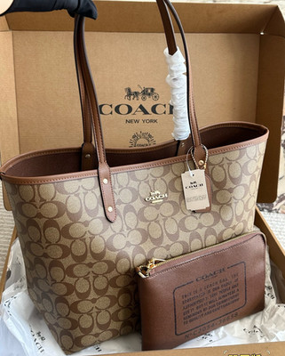 New Coach City Tote  Large Brown Signature Canvas Shoulder Bag Outlet