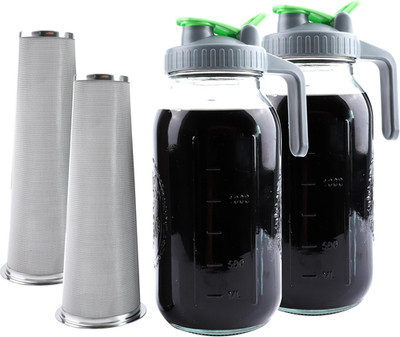 Cold Brew Coffee Maker 64 Oz Mason Jar Iced Tea Pitcher with Strainer 2 Set Half