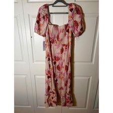 London Times Floral Puff Sleeve Midi Dress Beige Rust T8142M Womens 12 NWT