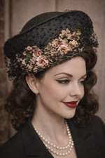 Vintage 1940s Black Straw Tilt Hat with Floral Trim and Netting