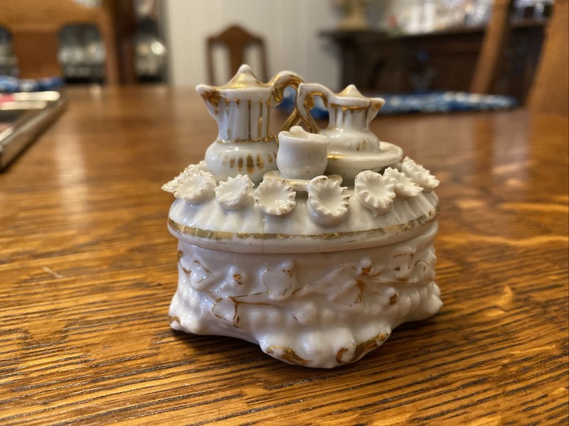 Vintage Antique Porcelain Fairing Box Trinket Box Dollhouse tea set gold white
