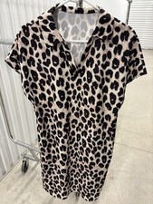 Women's Leopard Animal Print Collared Short Sleeve Midi Shirt Dress, Size M