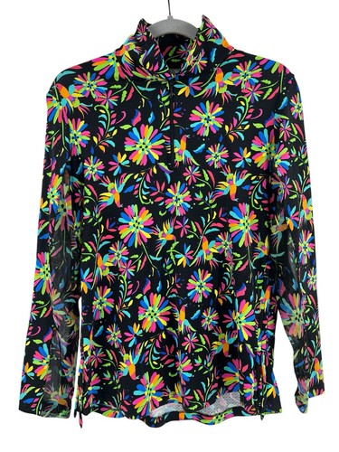 IBKUL Womens Black Bright Floral Mesh Detail 1/4 Zip Long Sleeve Top Large