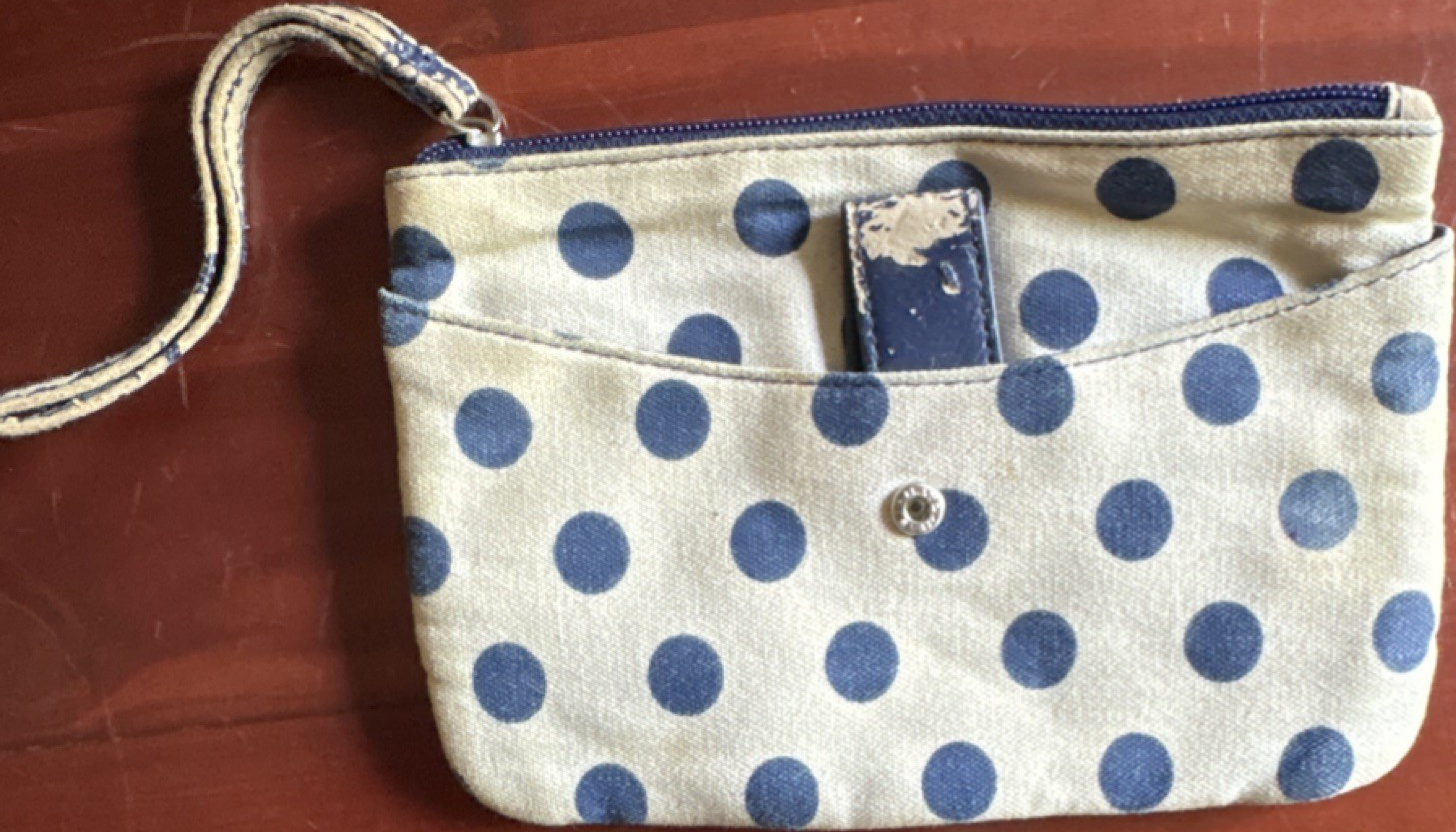Polka Dot Beige Blue Wristlet Wallet with Zip-Around and Wrist Strap for Women