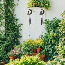 2-PC Gift Set 27"Long Cat on Moon With Black Gem Wind Chime Garden Decor