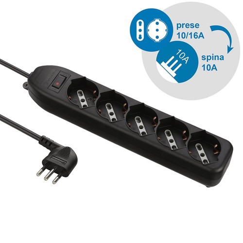 Steckdosenleiste schwarz 5-fach Universal mit Sicherheitsschalter 10A Stecker - Bild 2 von 5
