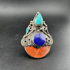 Vintage Tibetan Turquoise Lapis Coral Handmade Nepali Ring Jewelry Free Size