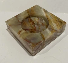 Vintage Mid Century Carved Polished Onyx Marble Natural Stone 4” Square Ashtray