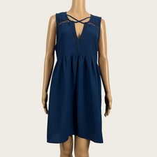 Umgee LARGE Dark Blue Crochet Trim V-neck A-line Trapeze Swin Boho Casual Dress