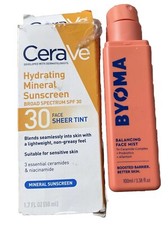 CeraVe Hydrating 30 Face Sheer Tint Mineral Sunscreen 1.7 oz Byoma Face Mist 3.3