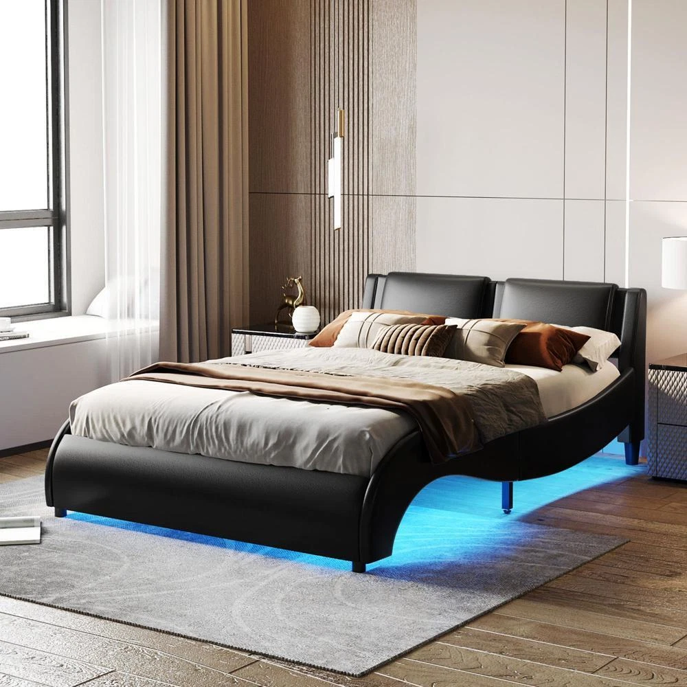 Queen Size Upholstered Faux Leather Platform Bed with LED Light Headboard Bed