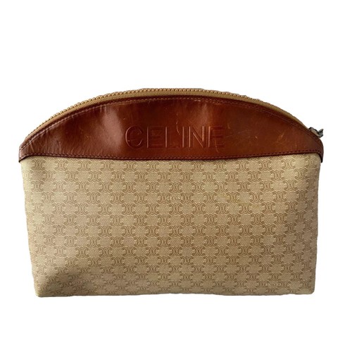 Celine Clutch Bag Macadam Blason Pattern Pouch Purse Beige PVC Auth from JPN0216