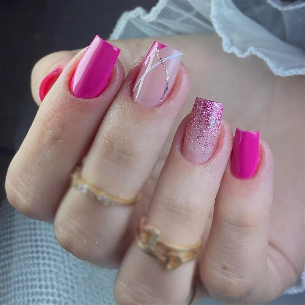Short hot pink acrylic cheap nails