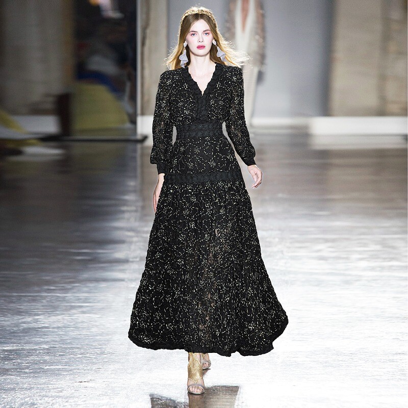 women party occident long sleeve slim waist v-neck a-line Ball Gown runway  dress