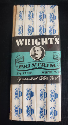 Wrights Printrim Premium White Background Blue Basket &Flowers 7/16  X 2 ½ Yards