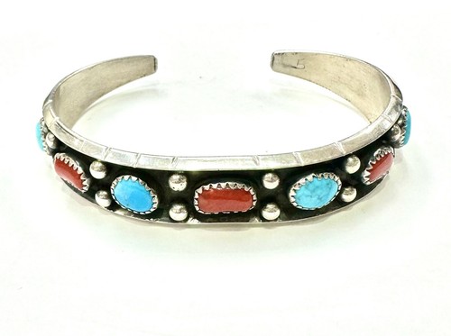 Navajo Native American Turquoise & Red Coral Handmade Bracelet By Reed Charley - Picture 8 of 13