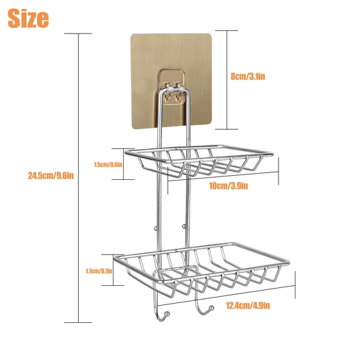 Bathroom Double Tier Soap Dish Holder Wall Mounted Stainless Steel With Hook - Picture 9 of 10