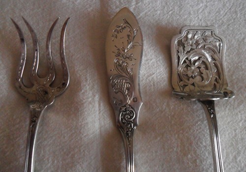 Antiker französischer Vintage gestempelter Silberfisch? Spargel? SET Gabelmesser Löffel 3 Stck. - Bild 2 von 12